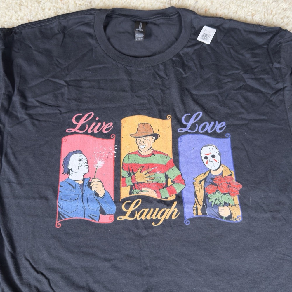 Gildan‎ Horror Live, Laugh Love Men's Black T-shirt XL Freddy, Jason, Mike Myers